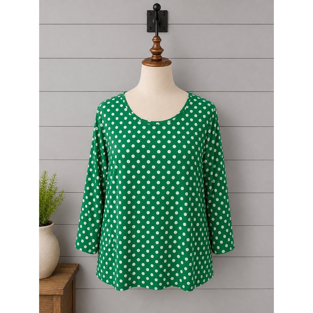 Susan Graver Liquid Knit Top Womens 1X Green Polka Dot 3/4 Sleeve Scoop Neck